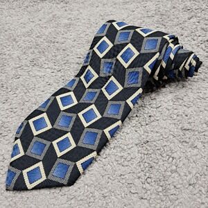 Bachrach Mens Silk Tie Blue Black Geometric Square Pattern Made in Italy